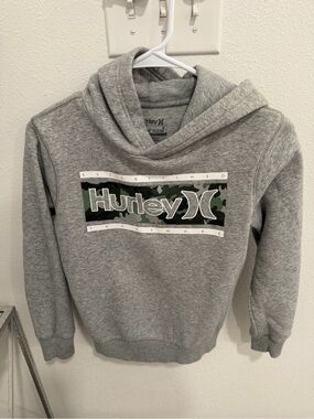 Boy’s Hurley Grey Hoodie with Green Camo Logo Panel